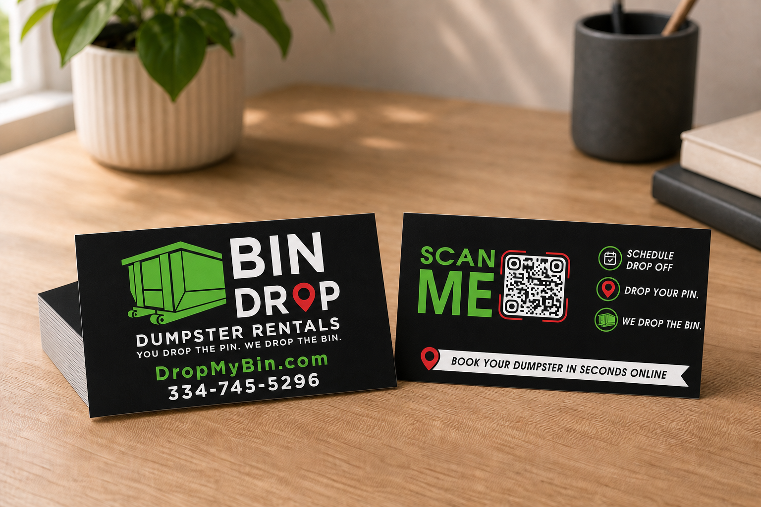 Custom Bin Drop Dumpster Rentals business cards showing front and back designs