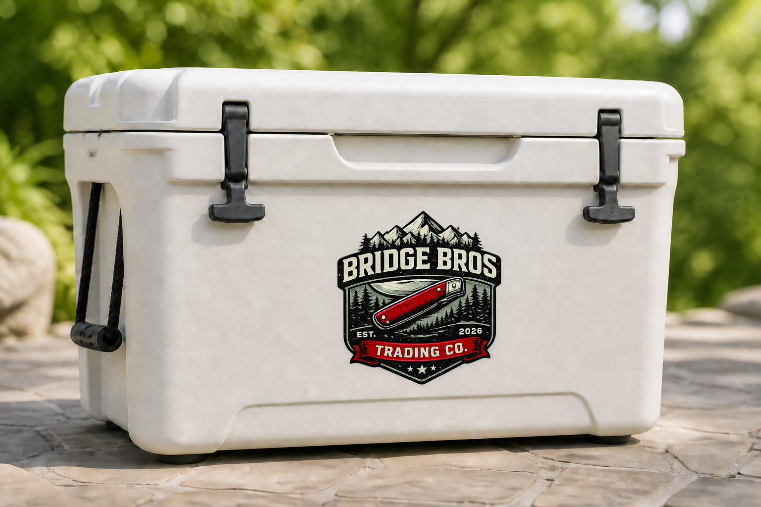 Custom Bridge Bros Trading Company sticker applied to a hard cooler