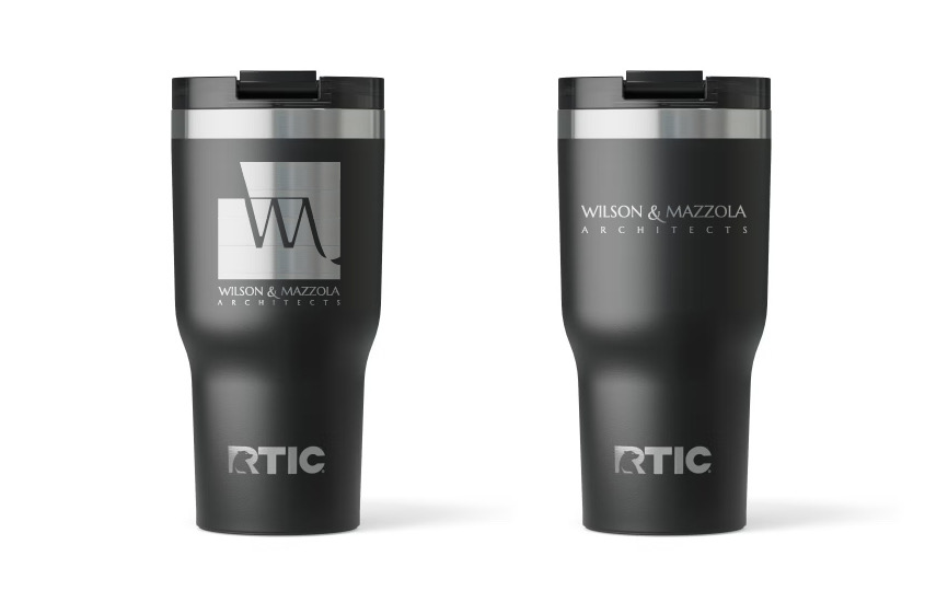 Wilson and Mazzola Architects laser-engraved black tumblers
